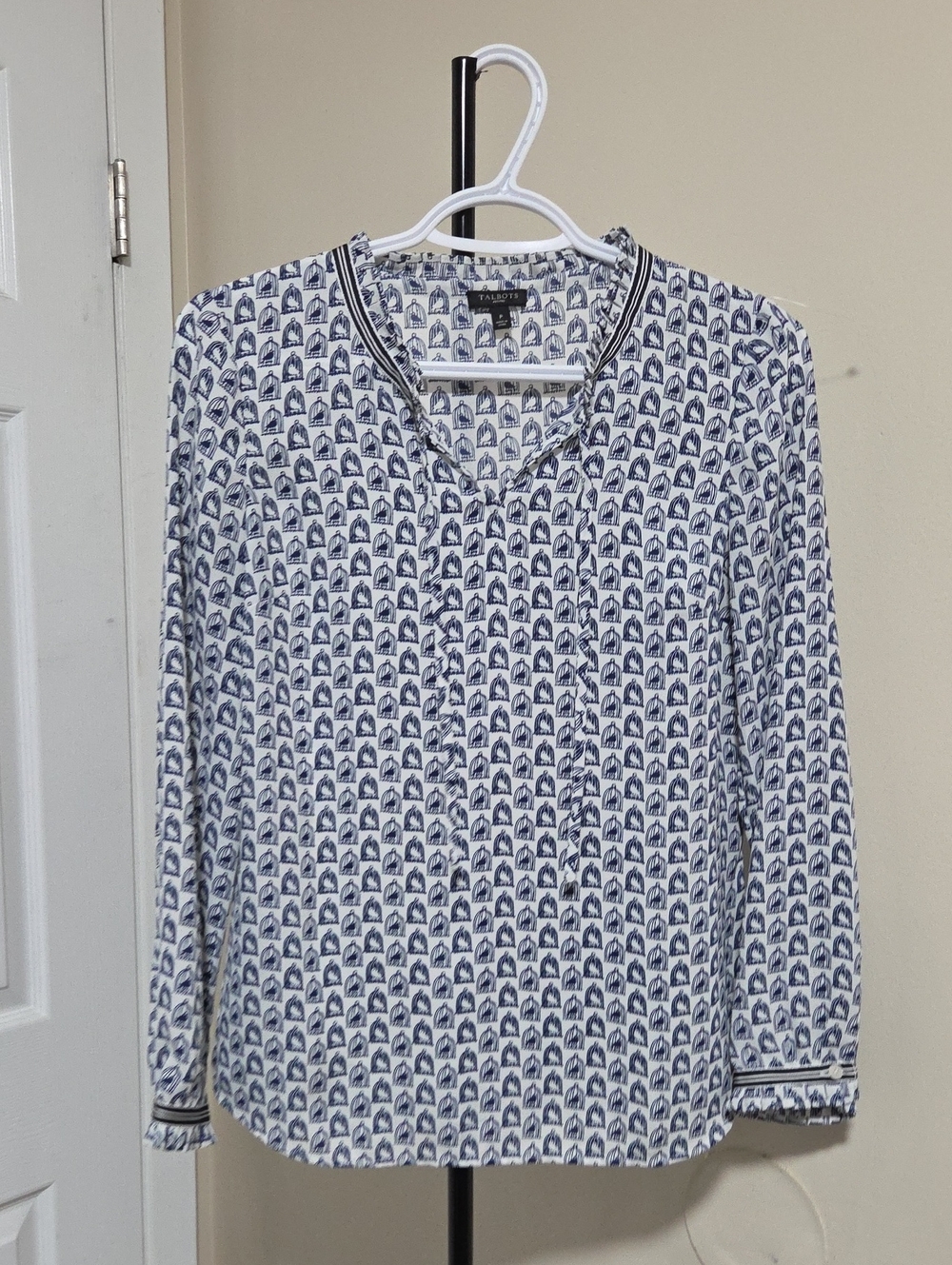 Talbots Navy and White Geometric Print Button-Down Blouse